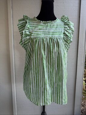 LOFT Green & White Striped Ruffle Sleeve Blouse